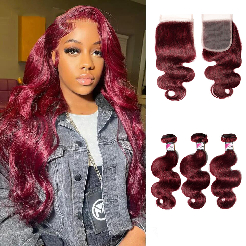 #99j Red Virgin Hair Body Wave Bundles With 4x4 Transparent Lace Closure